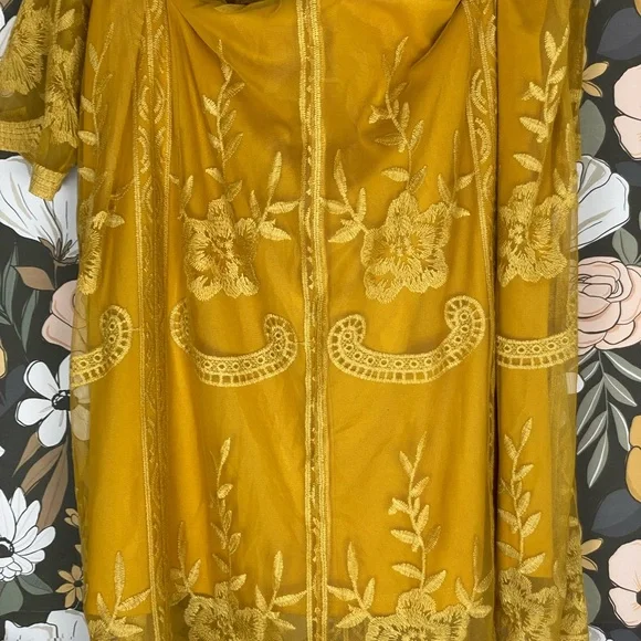 PinkBlush Mustard Lace Overlay Maternity Maxi Dress Boho Women Size Medium - Picture 8 of 11